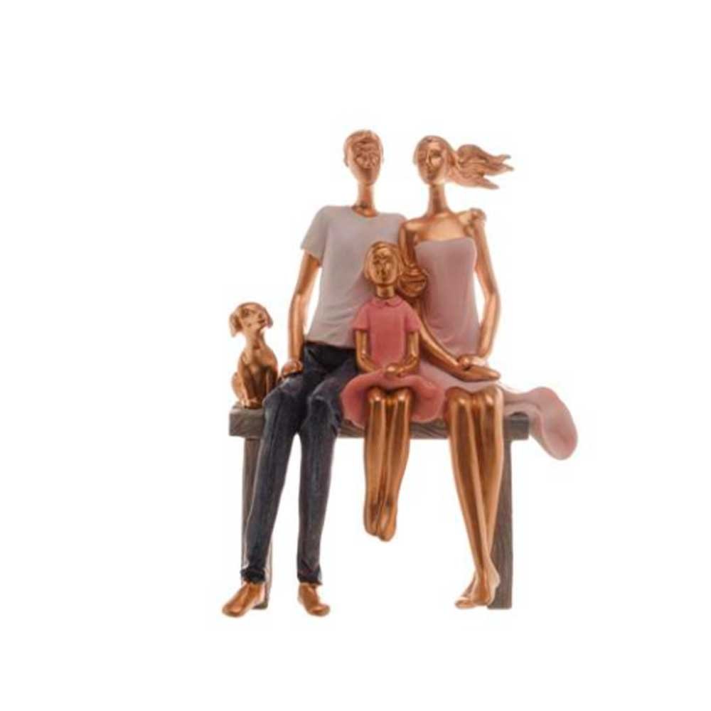 Escultura Família Decorativa em Resina Ouro Sentados com Cachorro - 1