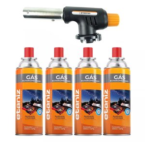 Kit Maçarico Portátil Regulável com 4 Refis de Gás Cartucho Butano Ideal para Cozinha Confeitaria Go