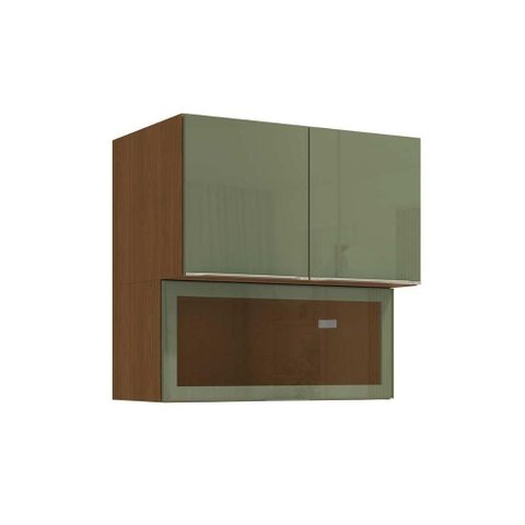 Armário Aéreo P/ Cozinha Vibra T647 C/ 3 Portas (1 C/ Vidro) 80cm Canela/verde Pistache Lacca -