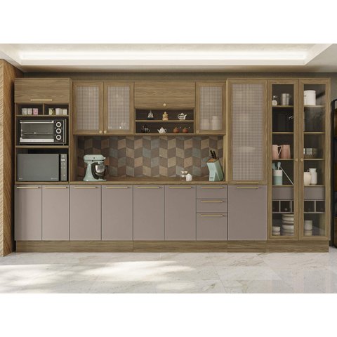 Armário de Cozinha Modulada Completa Reta 9 Peças 4,00m Botanic Kappesberg - Nogueira/Fendi