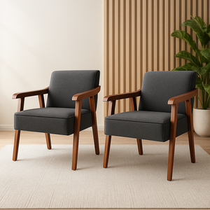 Kit 2 Poltronas Estofadas em Linho Cinza Escuro para Sala Recepção Reforçadas Madeira Maciça