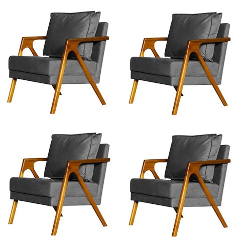Kit 4 Poltronas Cadeira Mona Luxo Recepção - Suede Cinza