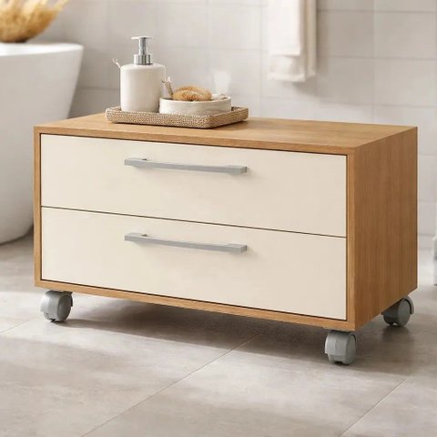 Balcão para Banheiro Alice 80cm com 2 Gavetas Rodízios e Tampo Mel/Arenas - Faema
