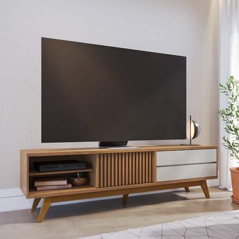 Rack para Tv até 75 Pol 1 Porta Ripada 200x55cm Veneza Freijó Off White
