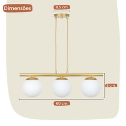 Pendente Jabuticaba Dourado 3 Globos de Vidro Mesa de Jantar:branco Fosco - 4