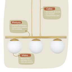 Pendente Jabuticaba Dourado 3 Globos de Vidro Mesa de Jantar:branco Fosco - 3