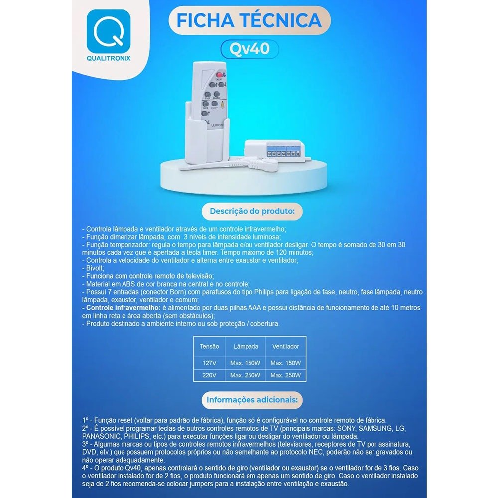 Controle Remoto Ventilador e Lâmpada Qualitronix - 4