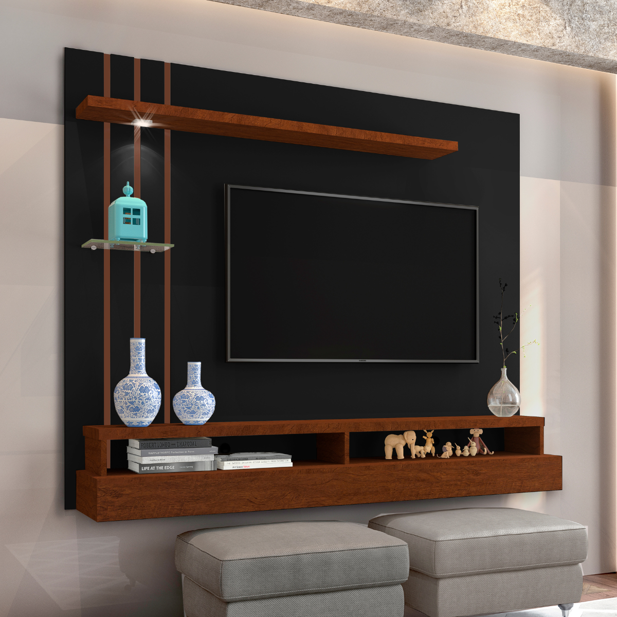 Painel TV até 55'' Com Led, Nichos e Prateleiras:Preto/Canela - 2