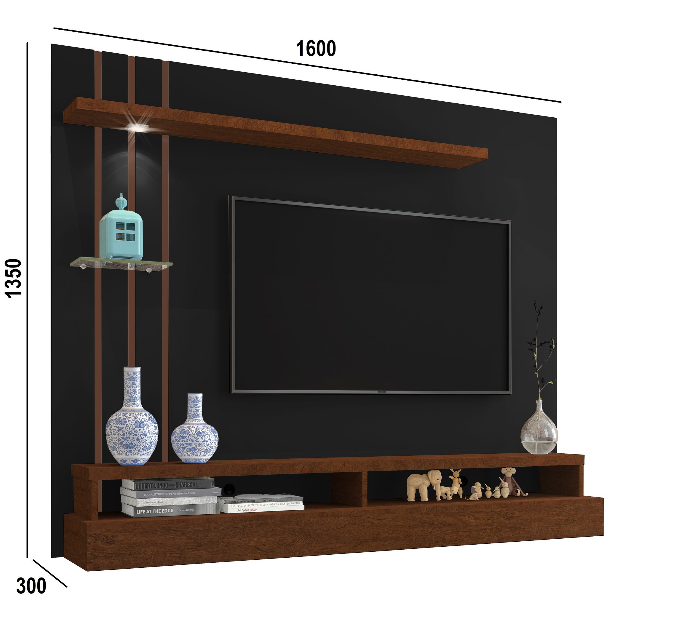 Painel TV até 55'' Com Led, Nichos e Prateleiras:Preto/Canela - 3