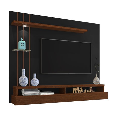Painel TV até 55'' Com Led, Nichos e Prateleiras:Preto/Canela