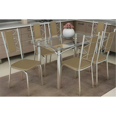Sala de Jantar Completa Elba C/ Tampo de Vidro 120cm e 6 Cadeiras Lisboa Cromada - Courano Capuccino