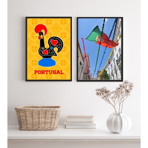 Kit 2 Quadros Portugal- Galo Barcelos e Bandeira 33x24cm - com Vidro:madeira Preta