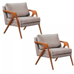 Kit 2 Poltronas Decorativa Mona Luxo Linho Cinza Claro Base Madeira Maciça