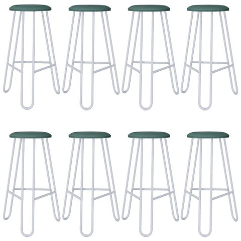 Kit 08 Banquetas Baixa Bar Cozinha Sala de Jantar Áris C01 Branco Courino Verde Sálvia - Lyam Decor