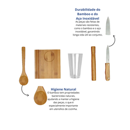 Conjunto para Caipirinha 5 Peças Bambu Copo Faca Colher Pilão e Tábua - 9