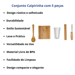 Conjunto para Caipirinha 5 Peças Bambu Copo Faca Colher Pilão e Tábua - 8