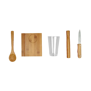 Conjunto para Caipirinha 5 Peças Bambu Copo Faca Colher Pilão e Tábua