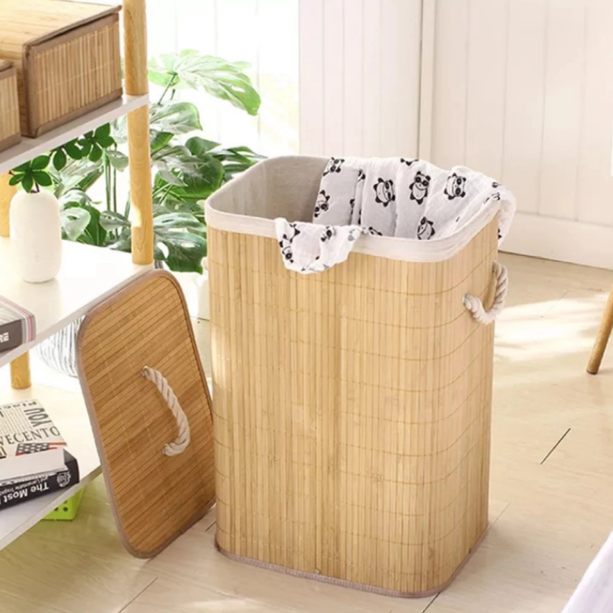 Kit Cestos de Fibra Natural Bambu com Forro Retangular Cesto Forrado Roupa Suja Organização Banheiro - 6