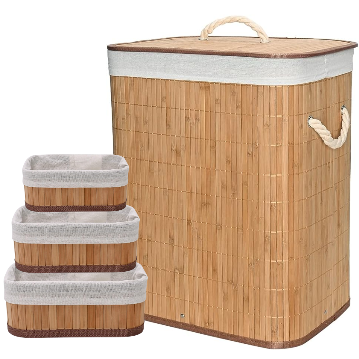 Kit Cestos de Fibra Natural Bambu com Forro Retangular Cesto Forrado Roupa Suja Organização Banheiro - 1