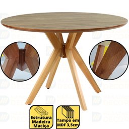 Mesa de Jantar Redonda 120cm Marci Premium em Madeira Maciça e MDF - Natural - 2