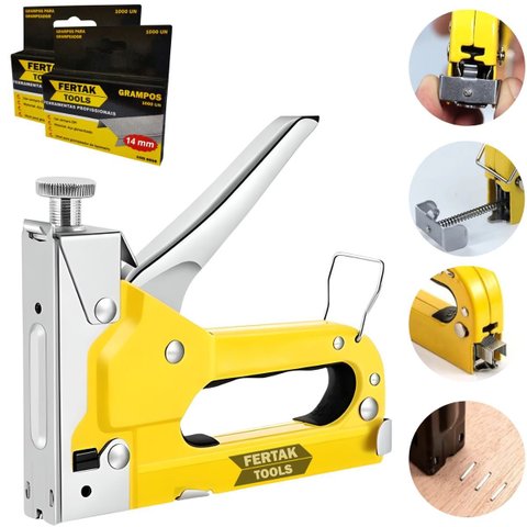 Grampeador Manual Profissional Tapeceiro Madeira Pressão + 2000 Grampos 14mm
