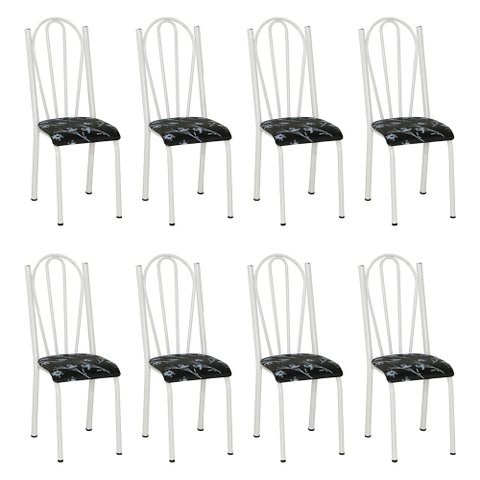 Kit 8 Cadeiras de Cozinha Alasca Estampado Preto Florido Pés de Ferro Branco - Pallazio