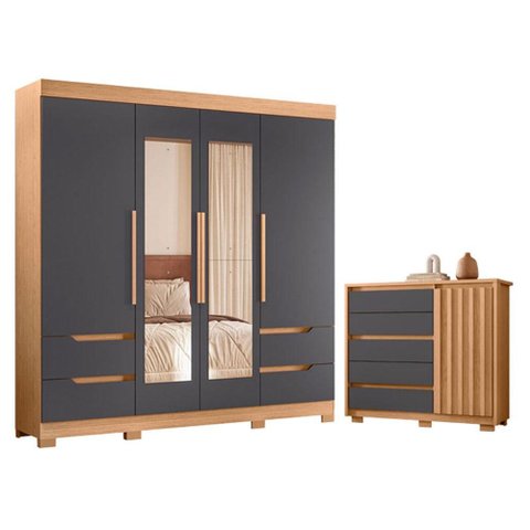 Guarda Roupa Solteiro Vivacce 04 Portas com Espelho e Cômoda Sapateira Duetto Freijo Titanium - Móve