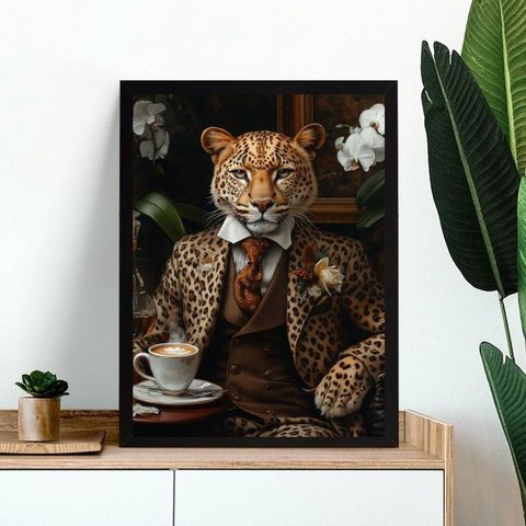 Quadro Onça Elegante Tomando Café 24x18cm - com Vidro:moldura Preta