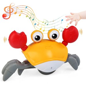 Brinquedo Caranguejo Fujão Música Luz Sensor Pilha para Bebê Cor:amarelo e Branco