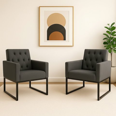 Kit 2 Poltronas para Recepção Thais com Base de Ferro Preto Resistente Cinza
