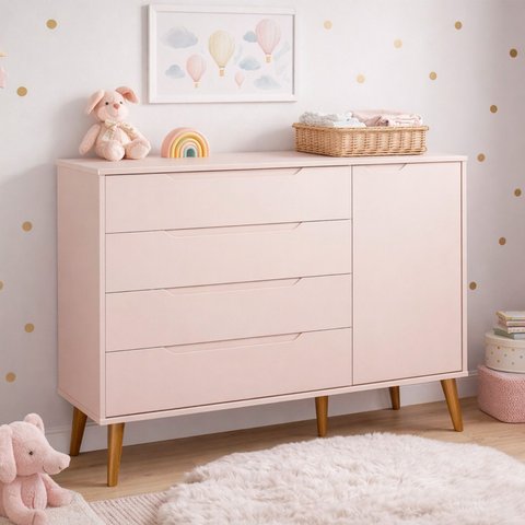 Comoda Sapateira Elfe Retro 1 Porta 4 Gavetas Rosa Fosco - Moveisaqui
