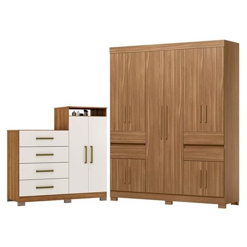 Guarda Roupa Casal Vizanno Amêndola 10 Portas com Cômoda Sapateira Aurea com Pés Amêndola Touch/Off 