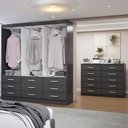 Ver imagem 2 de Guarda-roupa Casal Ava 6 Portas 9 Gavetas e Espelho com Cômoda 10 Gavetas Preto - Panorama Móveis