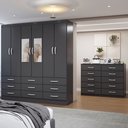 Ver imagem 1 de Guarda-roupa Casal Ava 6 Portas 9 Gavetas e Espelho com Cômoda 10 Gavetas Preto - Panorama Móveis