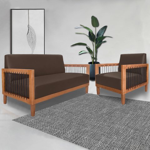 Conjunto Poltrona e Namoradeira Sala de Estar Pés Madeira Maciça Corda Náutica Preta 160cm Manila Pu
