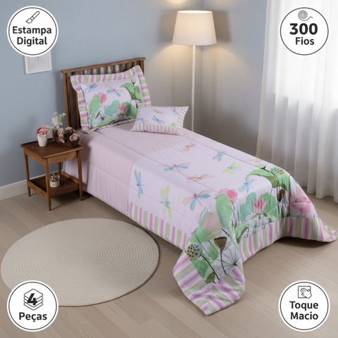 Kit Edredom Girl Solteiro Infantil 300 Fios Estampa Libélulas 4 Pçs