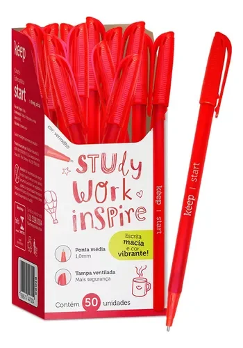 Caneta Esferográfica Ponta Média 1,0mm 50 Uni. Keep - Ei092 Cor da Tinta Vermelho Cor do Exterior Ve