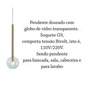 Ver imagem 5 de Pendente Haste Dourada Globo Vidro Transparente Bancada Lup31