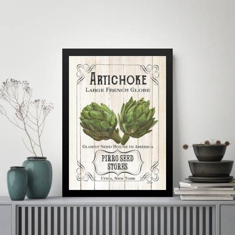 Quadro Vintage para Cozinha Alcachofra 24x18cm:moldura Preta