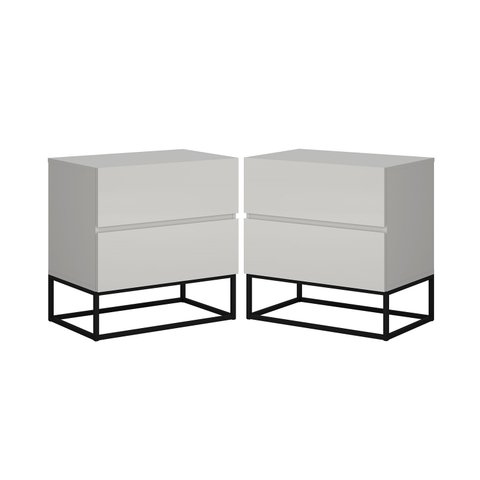 Conjunto 2 Mesa de Cabeceira Estilo Industrial 2 Gavetas Eros 45 Base Preta:off White