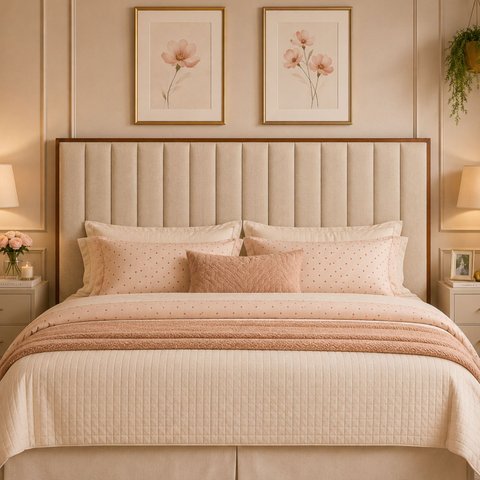 Painel Cabeceira Estofado Cama Box King Moldura Madeira Lua: Linho Bege