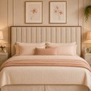 Ver imagem 1 de Painel Cabeceira Estofado Cama Box King Moldura Madeira Lua: Linho Bege
