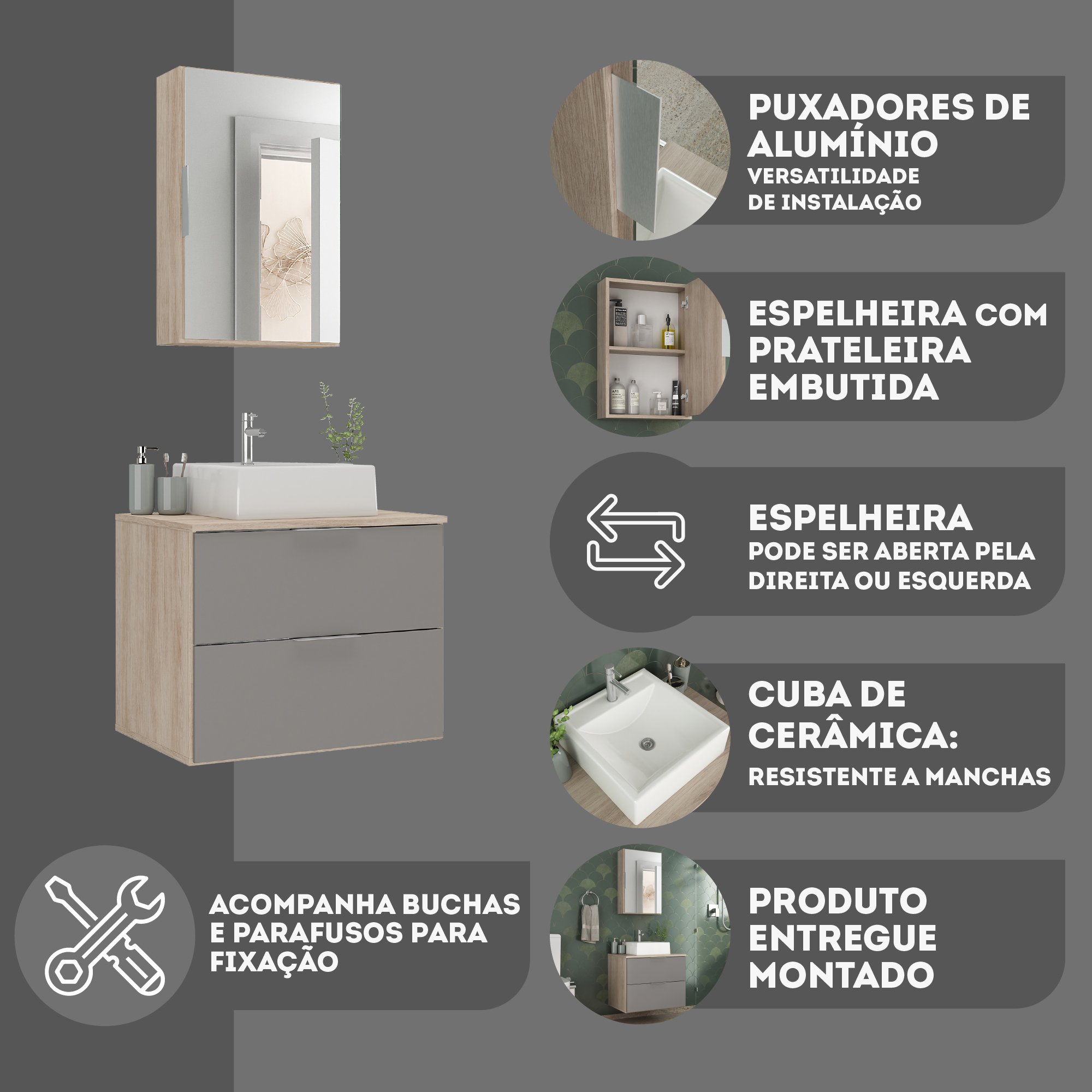 Conjunto Gabinete Banheiro Rubi 60cm - Gabinete + Cuba + Espelheira - Madeirado/cinza - 6