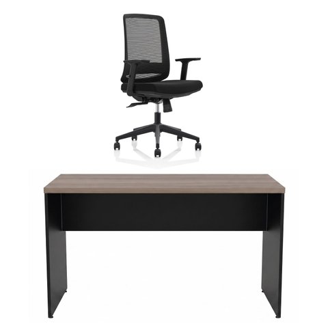 Conjunto Mesa de Escritório 140x60cm + Cadeira Ergonômica Sistema Syncron Pistão Classe 4 Reclinável