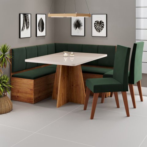 Conjunto Canto Alemão Baú Prestigio Mesa 120x80cm e 2 Cadeiras Milão Mel/off White/veludo Oliva- Cas