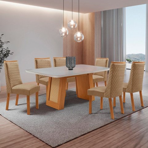Mesa de Jantar Carolina 180cm Tampo MDF Vidro Canto Copo com 6 Cadeiras Carolina