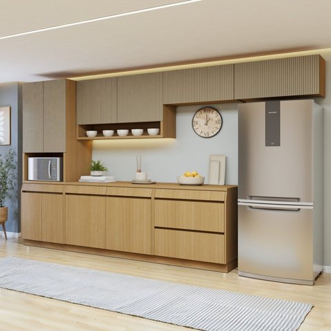 Cozinha Completa Modulada 6 Peças 11 Portas 5 Gavetas com Rodapé 100% MDF Simone Mendes Marrom/Carvalho/Greige