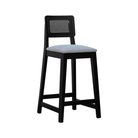 Banqueta Gabi Madeira Maciça Encosto C- Telinha C- 68cm Altura - Preto Assento Estofado Linho Cinza