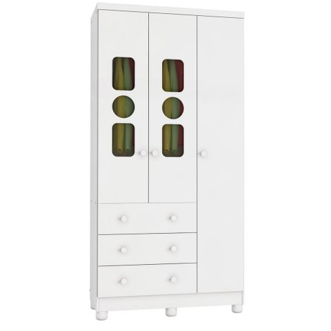 Armário Infantil 3 Portas 3 Gavetas Tedy - Moveis Peroba Branco Brilho
