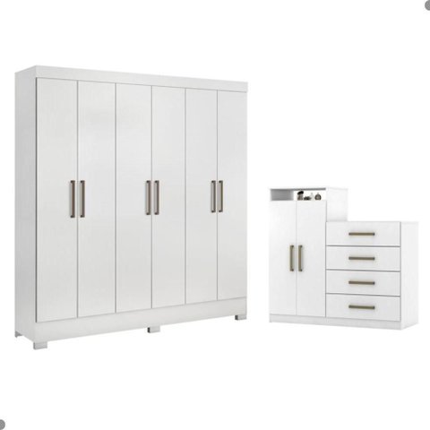 Conjunto de Guarda Roupa e Cômoda Genova 8 Portas 7 Gavetas Branco Demóbile
